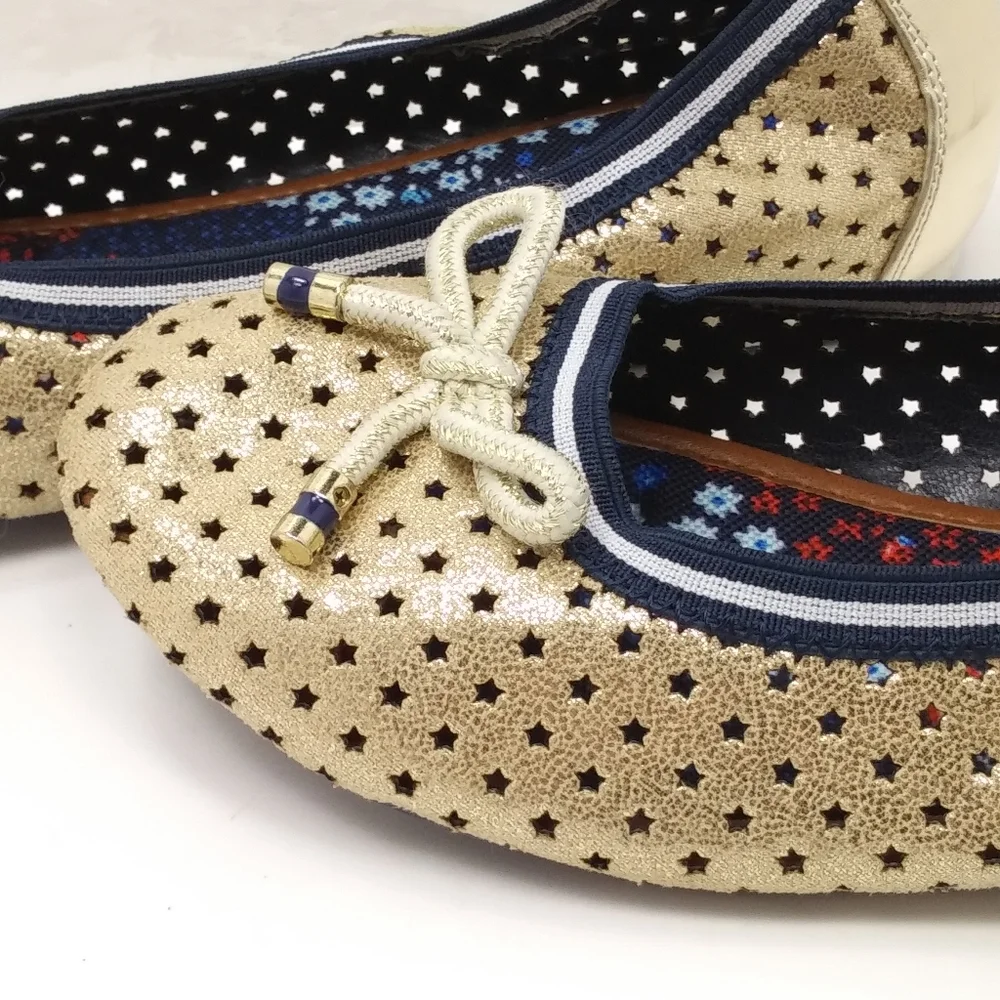 TOMMY HILFIGER Girl's Perforated Gold Stars Faux Leather Navy Ballet Flats EUC